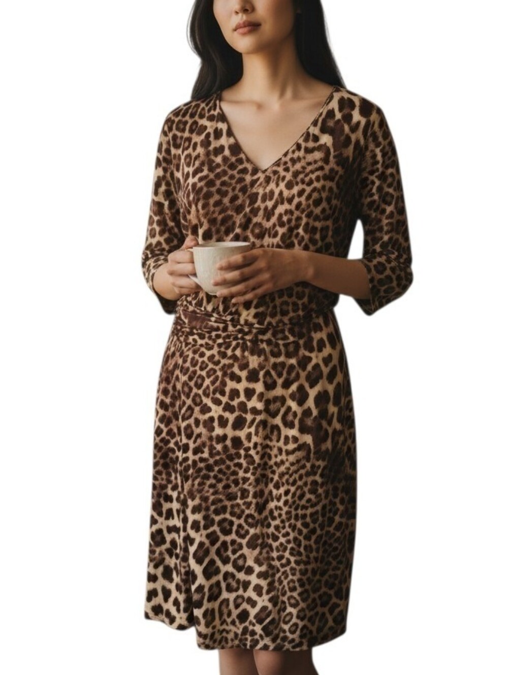 *NWT* Anne Klein Leopard Print V-Neck Dress in Brown Size Large Petite